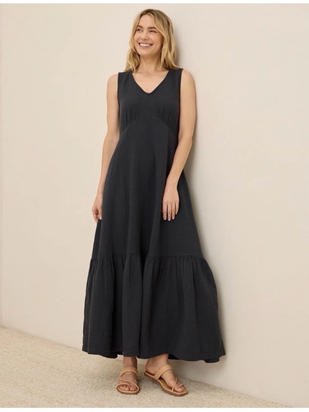 Pact double gauze beach to brunch organic cotton maxi dress, M, black, brand new